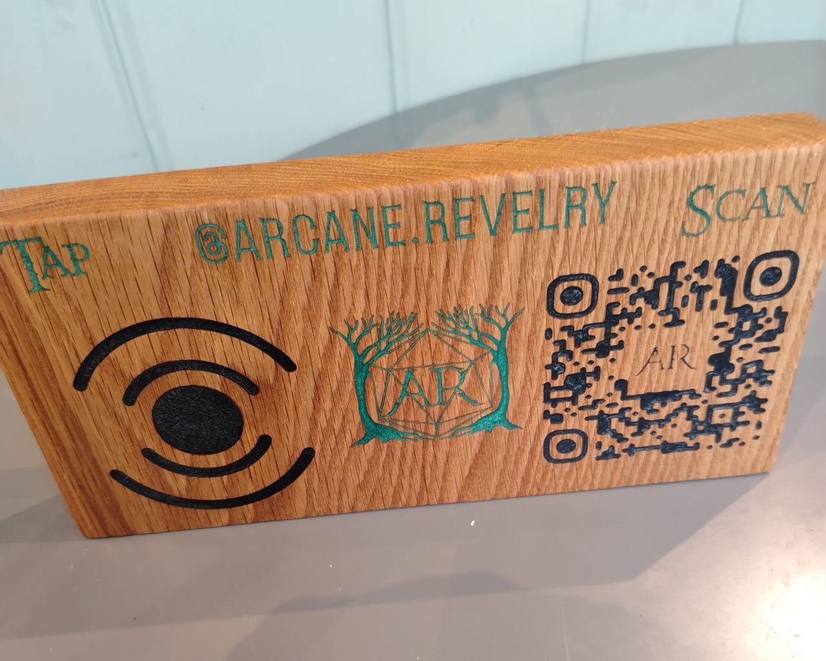 Arcane Revelry Solid Oak Socials Board with QR Code and NC
